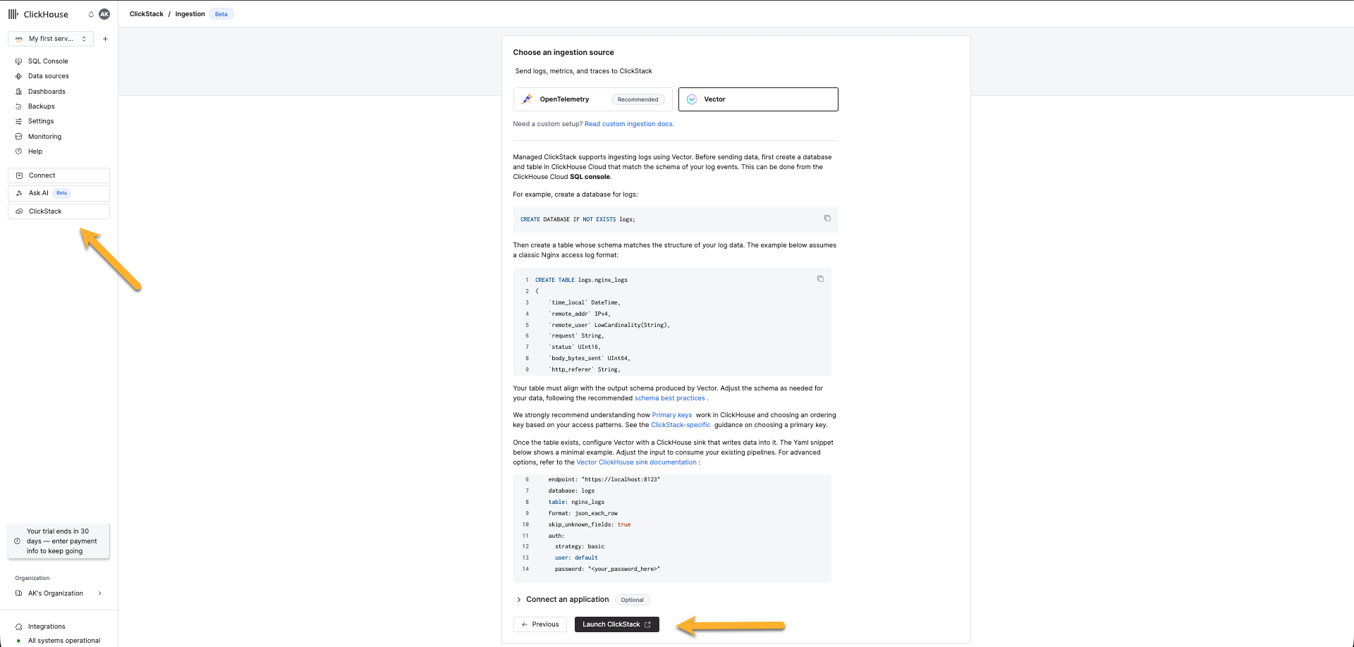 Запустите ClickStack для работы с Vector