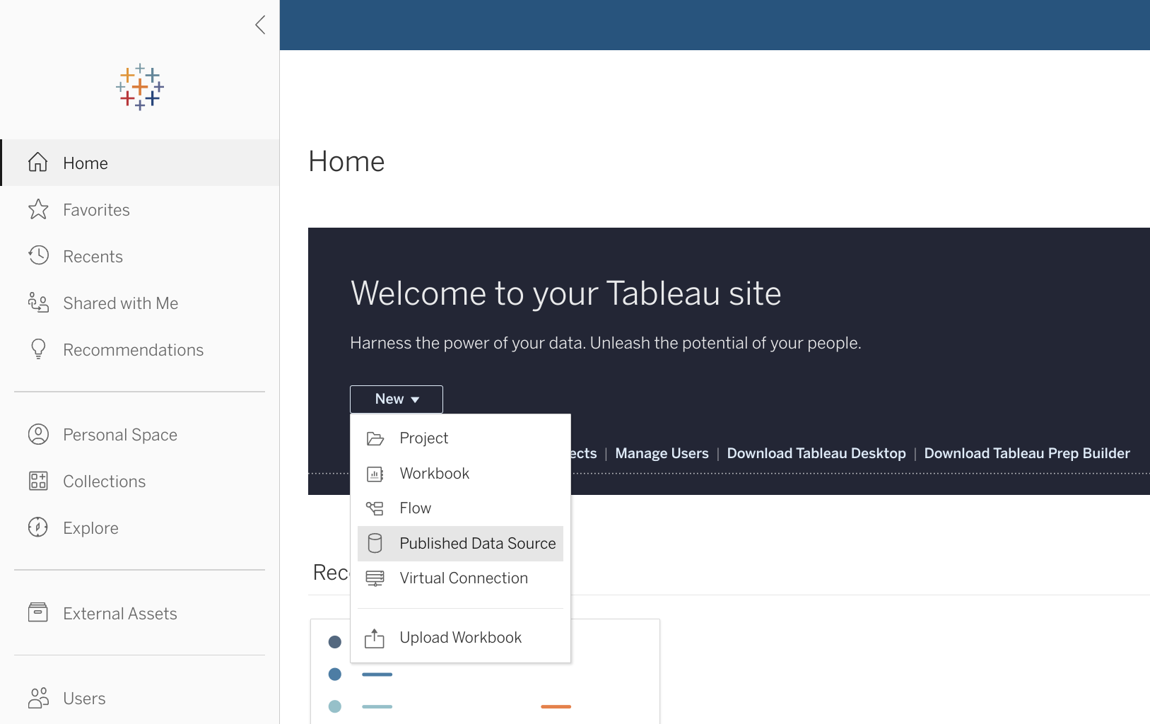 Интерфейс Tableau Online с кнопкой «New» для создания опубликованного источника данных